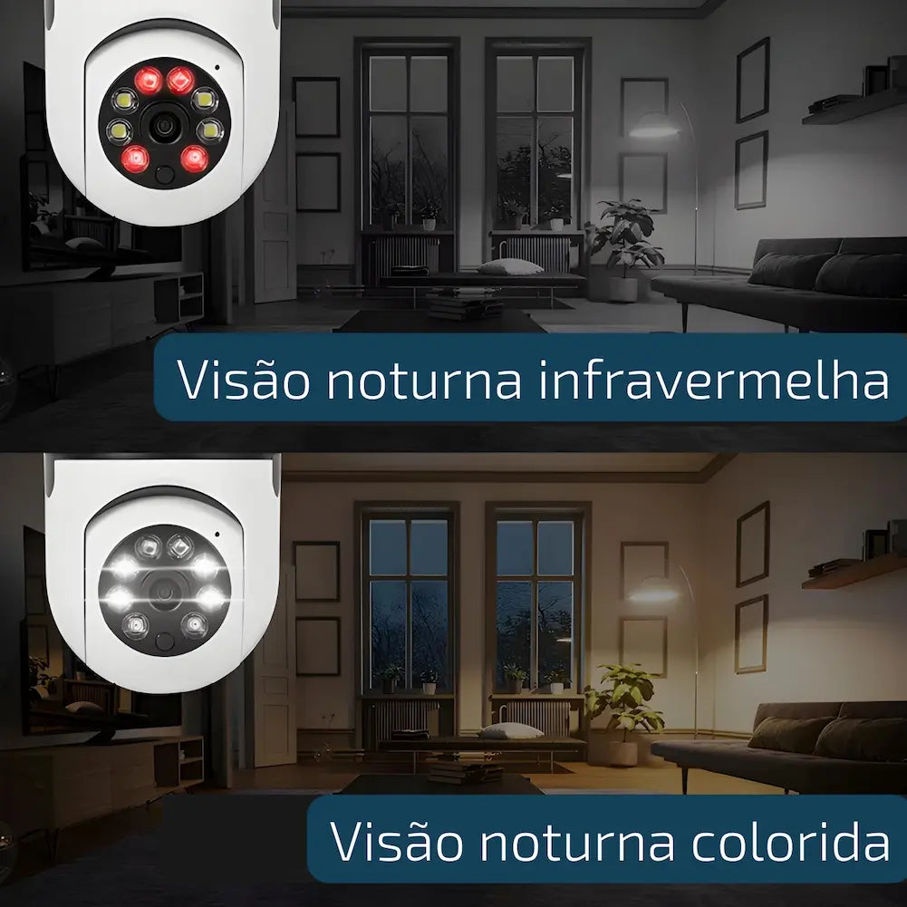 A imagem compara dois modos de visão noturna de uma câmera de segurança. Na parte superior, a visão noturna infravermelha mostra uma sala em tons de cinza, com LEDs vermelhos acesos na câmera. Na parte inferior, a visão noturna colorida mostra a mesma sala com cores visíveis e LEDs brancos acesos na câmera. Os textos "Visão noturna infravermelha" e "Visão noturna colorida" descrevem os modos.